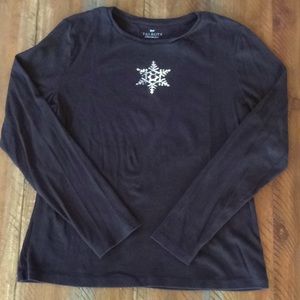 Talbots Snowflake Black Long Sleeve Top Cotton EUC